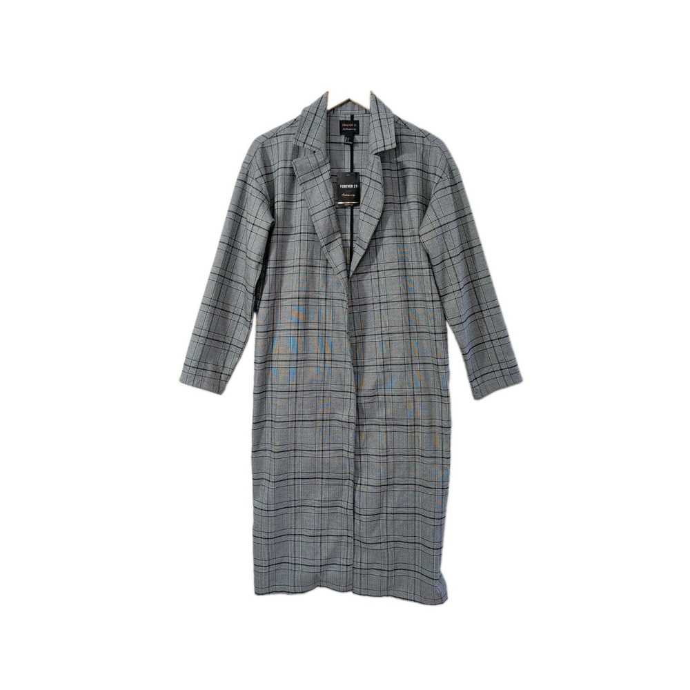 Forever 21 Duster Jacket Womens S Black Plaid Lightweight Dark Academia Layer